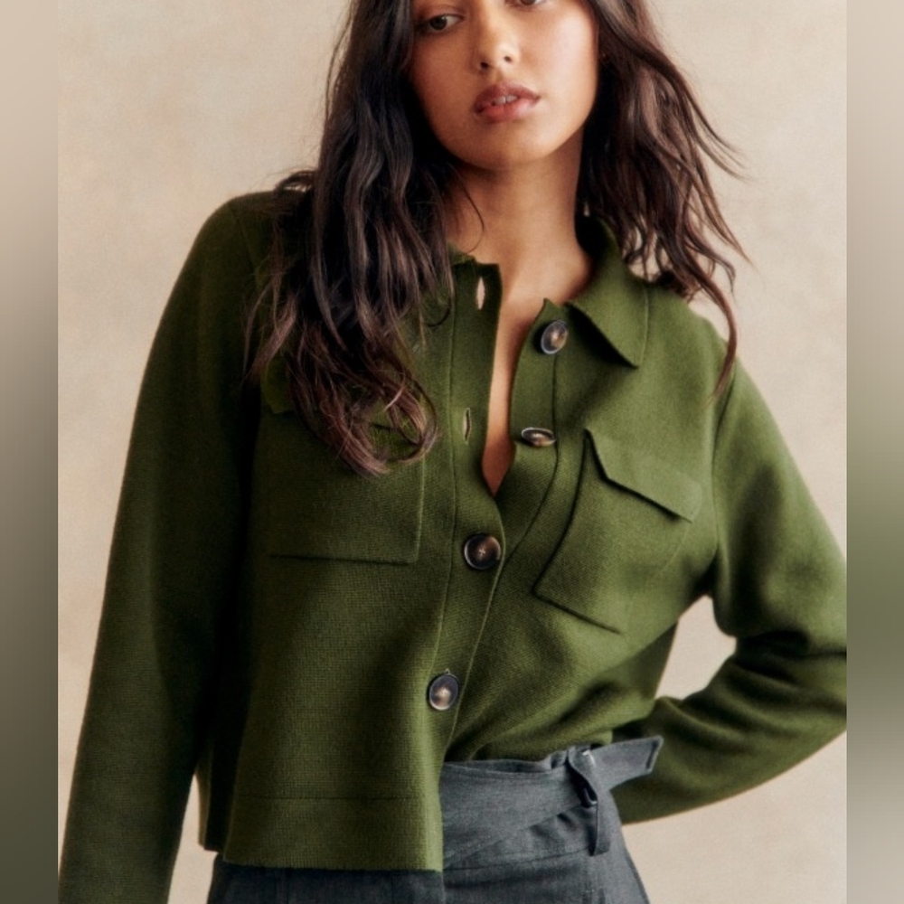 Sezane Betty Cardigan Size Large 100% Merino Wool Green